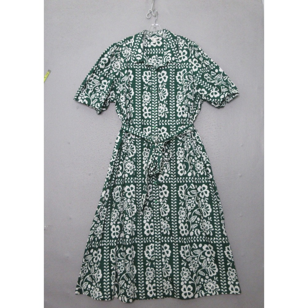 Crown & Ivy Dress 4X Green Floral Midi Shirt Dress Belted Pockets Cotton Preppy